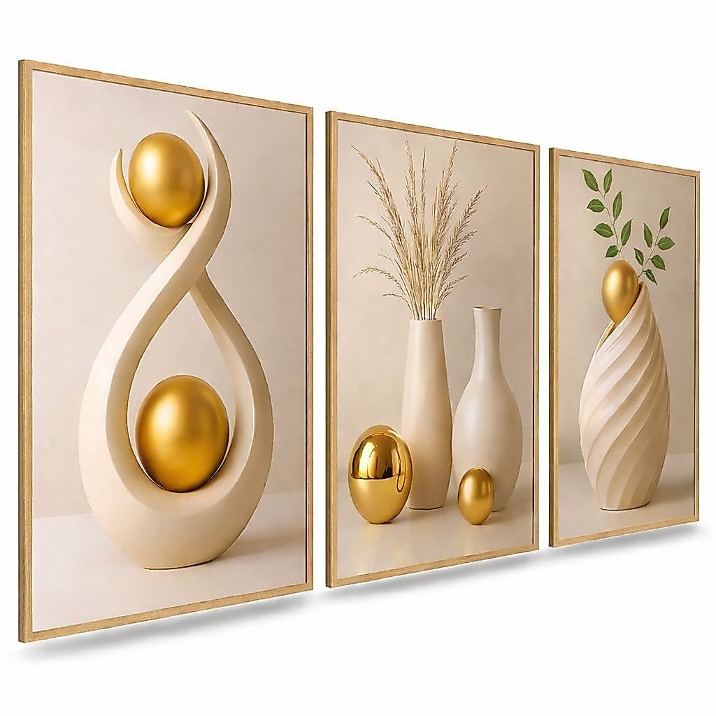 Quadro Decorativo 3 Peças Bege e Dourado Vasos Trio Nordic Abstrato Geométrico