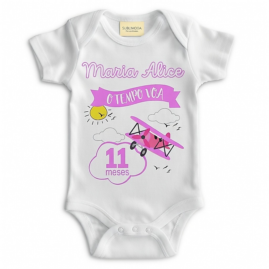 Body Bebê Personalizado Mesversário "O Tempo Voa" – Poliéster e Elastano! ✈️💖