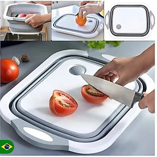 Tábua com Bacia Retrátil Silicone Escorredor Cozinha Multifuncional Tábua de Corte 3 em 1