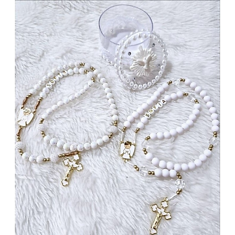 Terço  Personalizado Infantil  anjinho branco com dourado....com nome (somente terço)