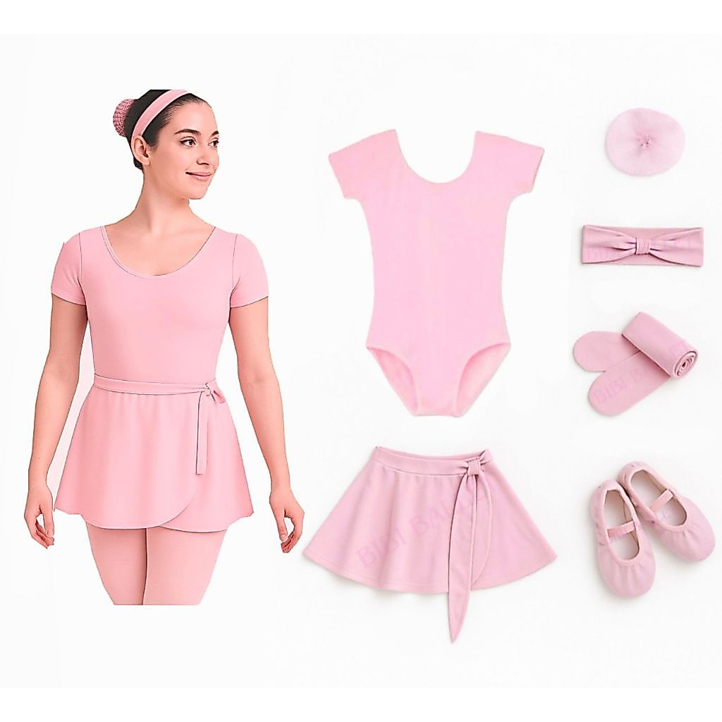Kit 6 Itens Ballet(ADULTO) - Collant C/MANGA + Saia de Transpassar + Sapatilha + Meia Calça + Faixa + Redinha(ROSA BEBÊ)