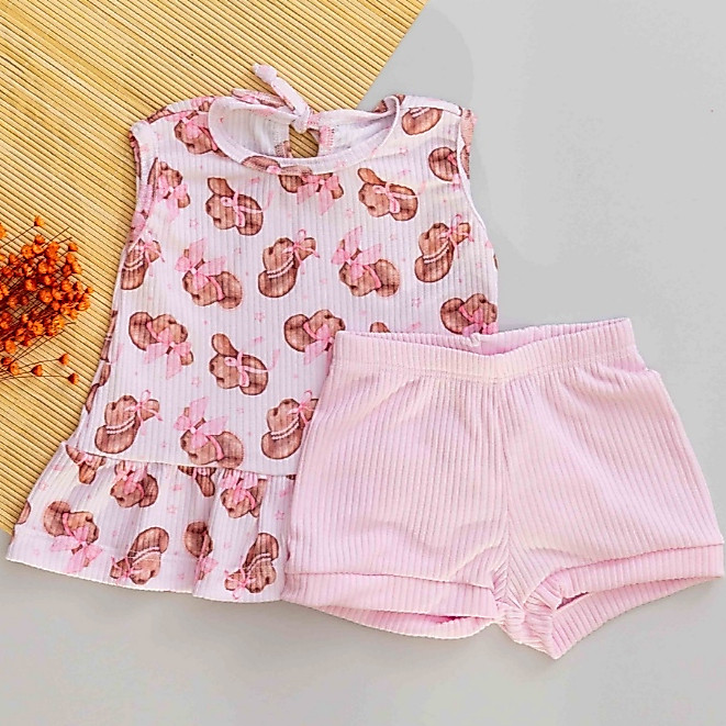 Conjunto Bebê Infantil Verão Regata Estampa Chapeu e Shorts Rosa Claro Menina