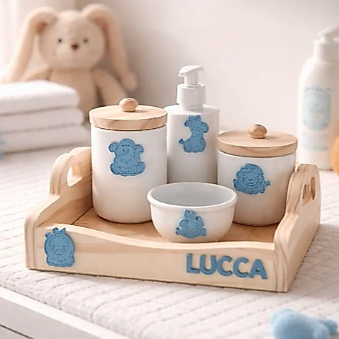 Kit Higiene Bebê Porcelana safari Nome Personalizado aplique mdf