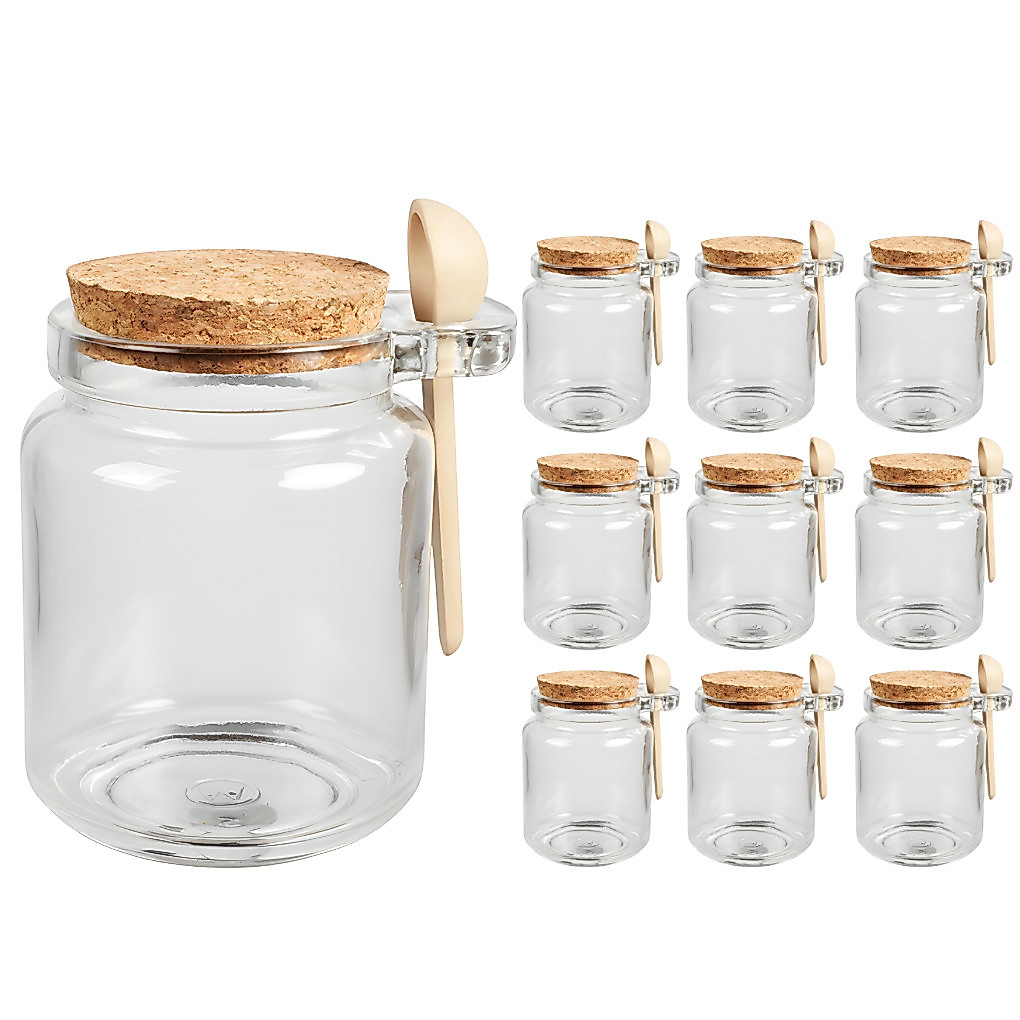 Kit 10 Porta Pote Tempero Saleiro Vidro com Colher de Bambu e Tampa Rolha 200ml