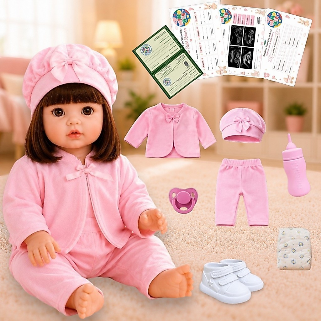 Boneca Bebê Reborn 48cm Menina Realista Siliconada Kit Completo Chupeta Mamadeira Fralda e Roupa
