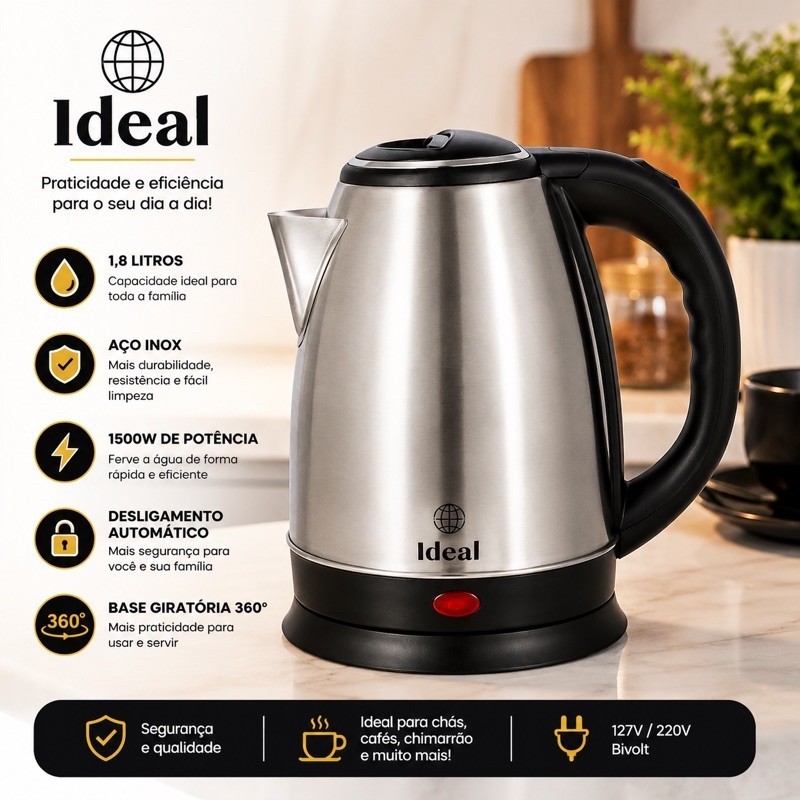 Chaleira Elétrica Inox 1.8 Litros 1500W 220V / 110V Jarra Elétrica Ferve Rápido Com desligamento automático