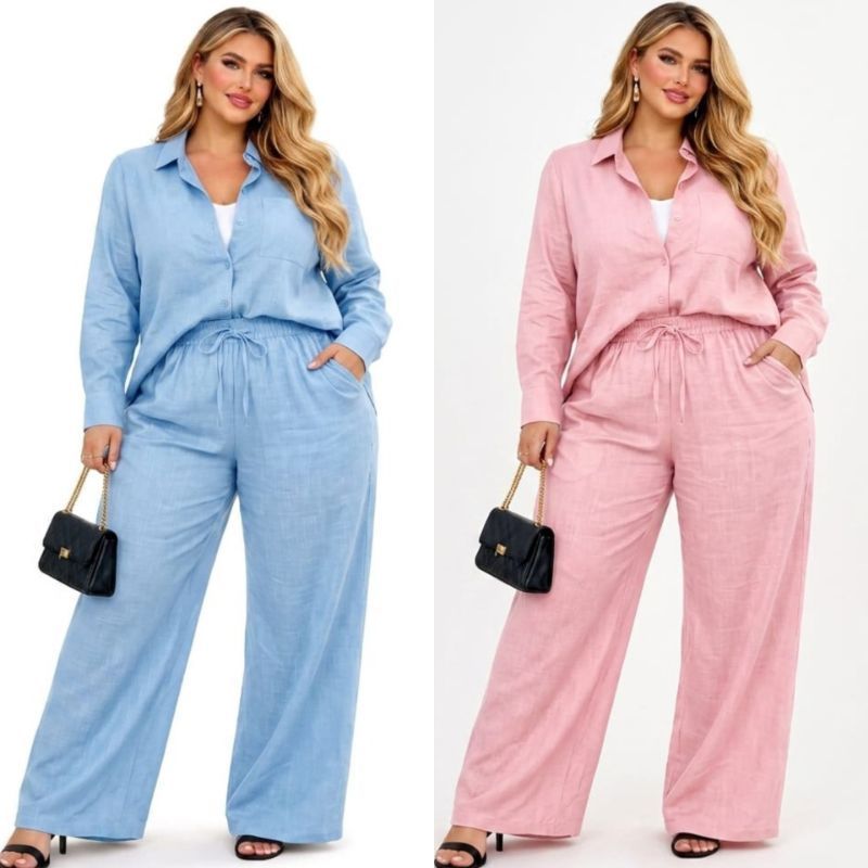 Conjunto Plus Size Viscolinho Feminino Camisa manga longa social e calça pantalona forrado casual elegante confortável
