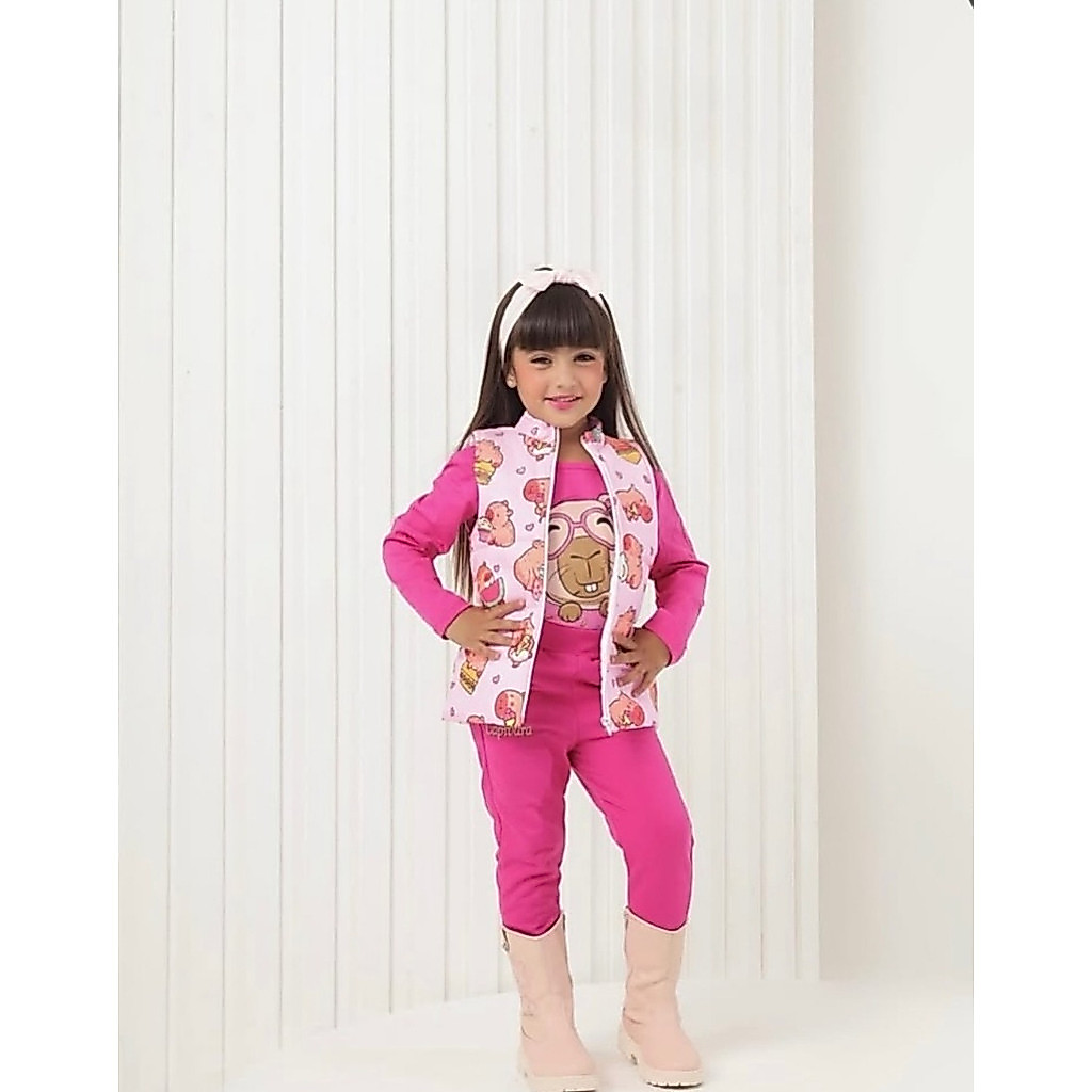 Conjunto Capivara Blusa Manga Colete Calça Estampado Infantil