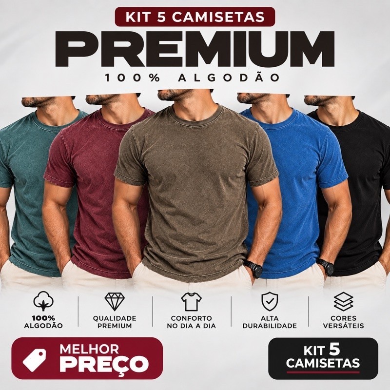 KIT 5 Camisetas Masculinas Premium 100% Algodão Básicas P ao GG
