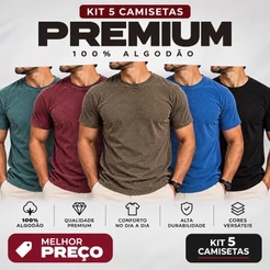 KIT 5 Camisetas Masculinas Premium 100% Algodão Básicas P ao GG