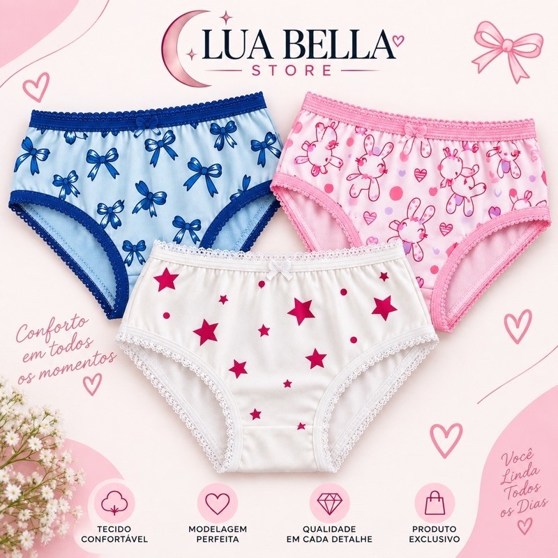KIT Calcinhas Infantil Menina 100% Algodão Estampadas Confortáveis Roupa Íntima Infantil
