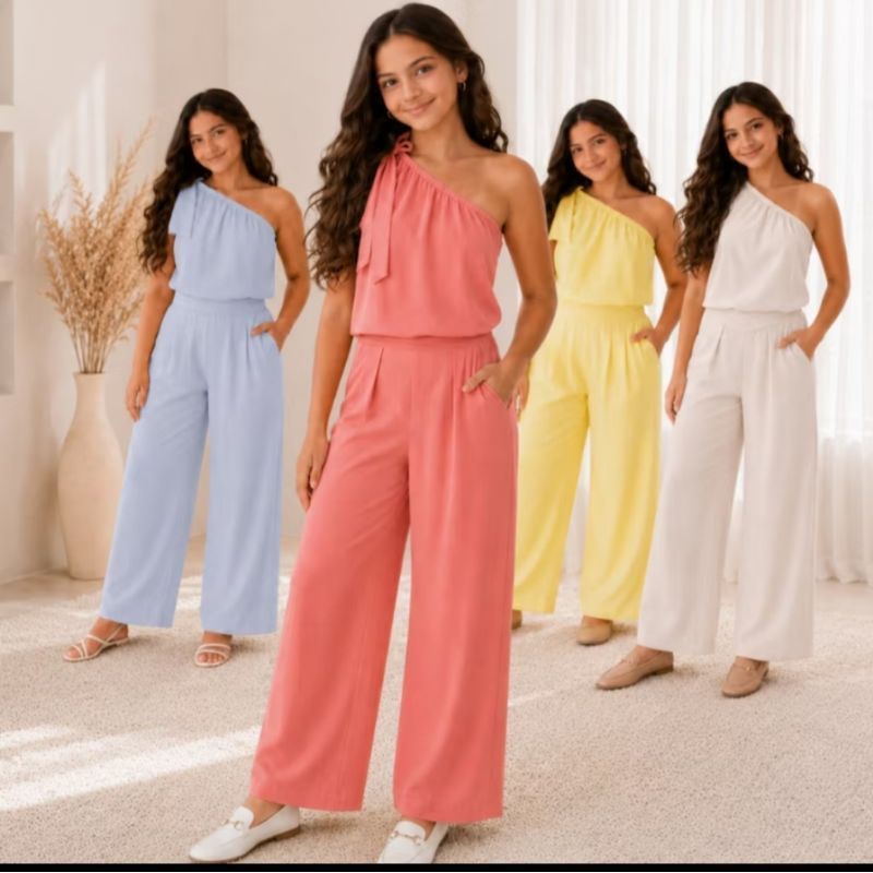 Conjunto Roupa Infantil Juvenil Menina 2 Peças Blusa Um Ombro + Calça Pantalona Alfaiataria Festa Tamanho 4 ao 14