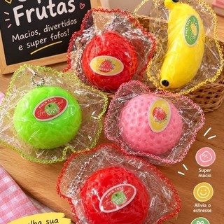 Squish Frutinhas Chaveiro Esmagável Antiestresse – Banana, Morango, Maçã Vermelha e Verde