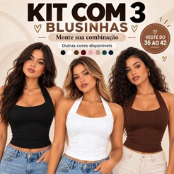 KIT 3 BLUSAS FEMININA TOP HALTER CROPPED AJUSTADO FRENTE ÚNICA COSTA NUA CASUAL MODA VERÃO 2026