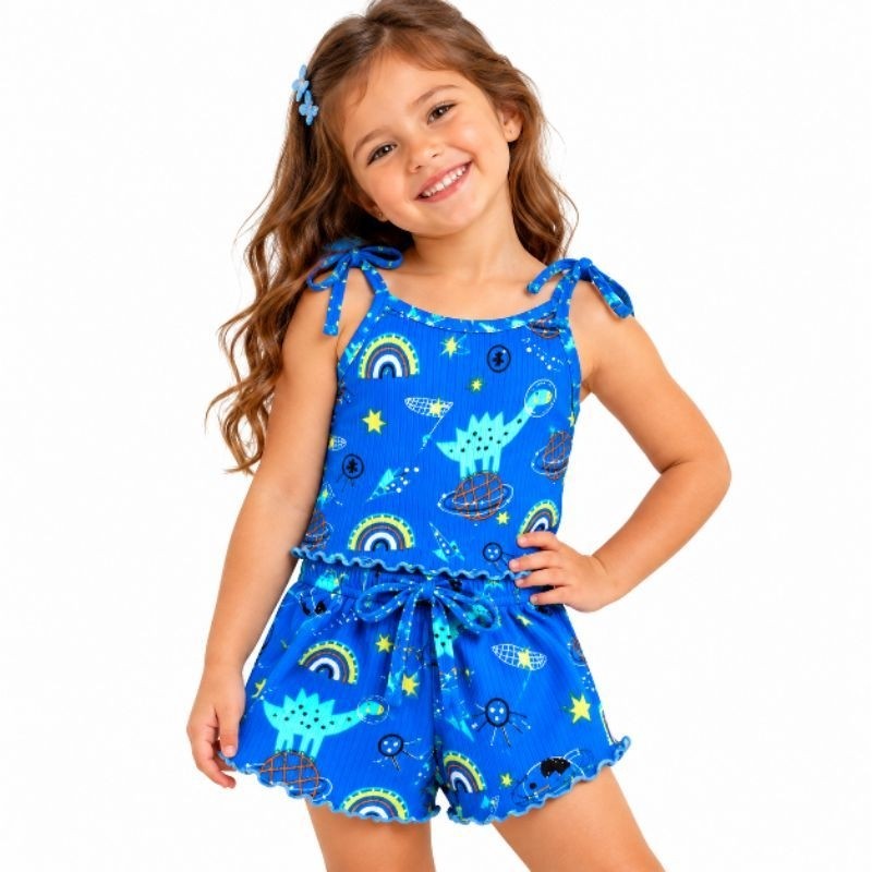 Conjunto Infantil Menina em Malha Canelada Blusinha de Alça e Short Estampado verão cores azul rosa tamanho 2,4,6,8,10