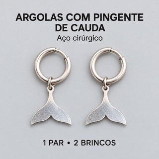 Par de Brincos Argola com Pingente Cauda de Sereia em Aço Cirúrgico Prateado