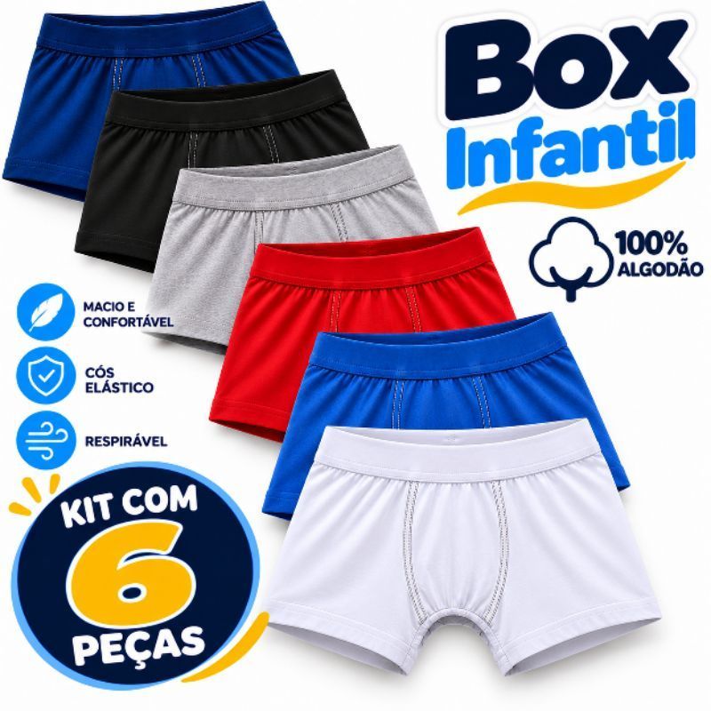 Kit de 6 cuecas boxer infantil e juvenil cores sortidas.