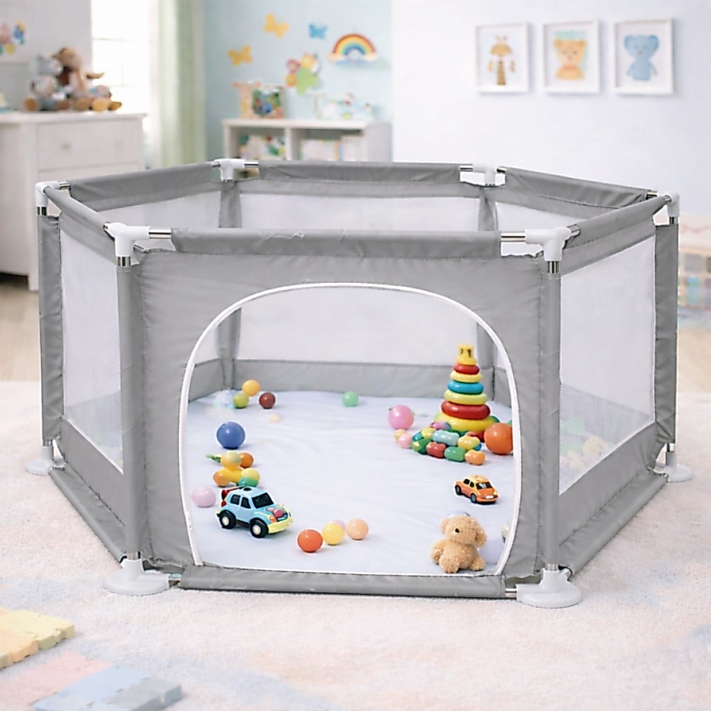 Cercadinho Para Bebê Baby Bear Cinza Chiqueirinho Infantil Resistente Seguro Dobrável
