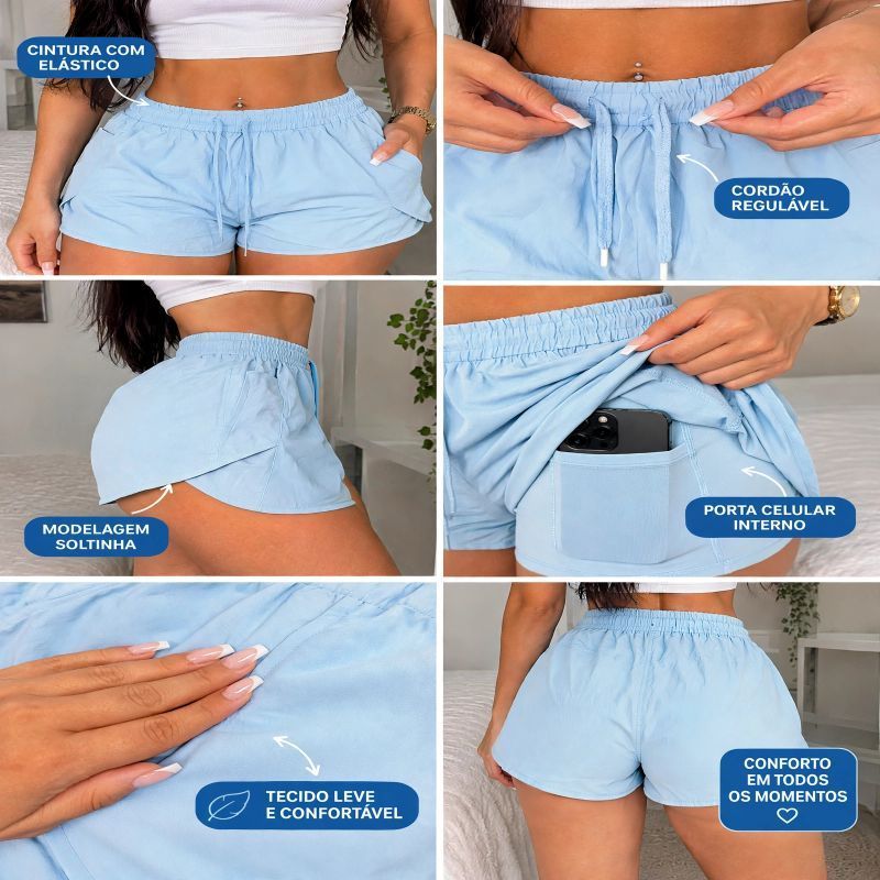 Shorts duplo Feminino Academia Dry Fit na Poliamida com Elastano, Com Bolso Laterais e Um Bolso Para Celular Interno!