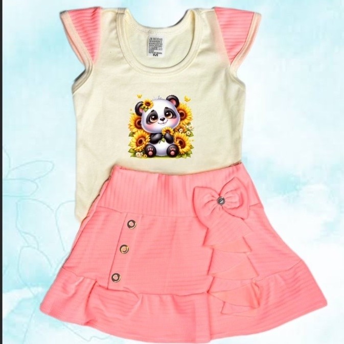 Blusinha e SAIA cor SALMÃO Infantil Femenino kit Moda Verão confortavel Estampa Aleatoria