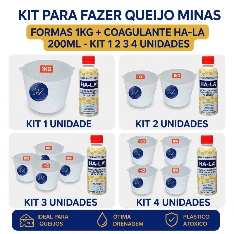 Forma Para Fazer Queijo Profissional 1kg Injesul + Coalho Ha-la 200ml Kit 1x 2x 3x 4x Acelere sua Produção