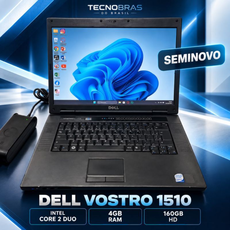 Notebook Dell Vostro 1510 Intel Core 2 Duo T5670 4GB RAM 160GB HD Windows 11 Pro - Não acompanha bateria funcional