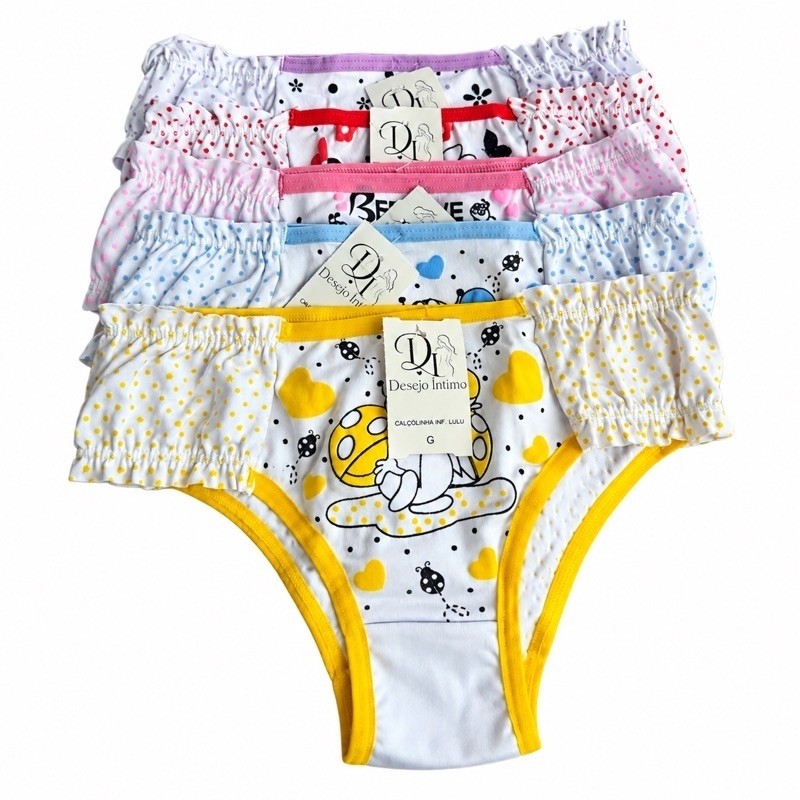 kit 5 Calcinhas Infantil Feminina bichinho babado – Estampa Fofa e Confortável