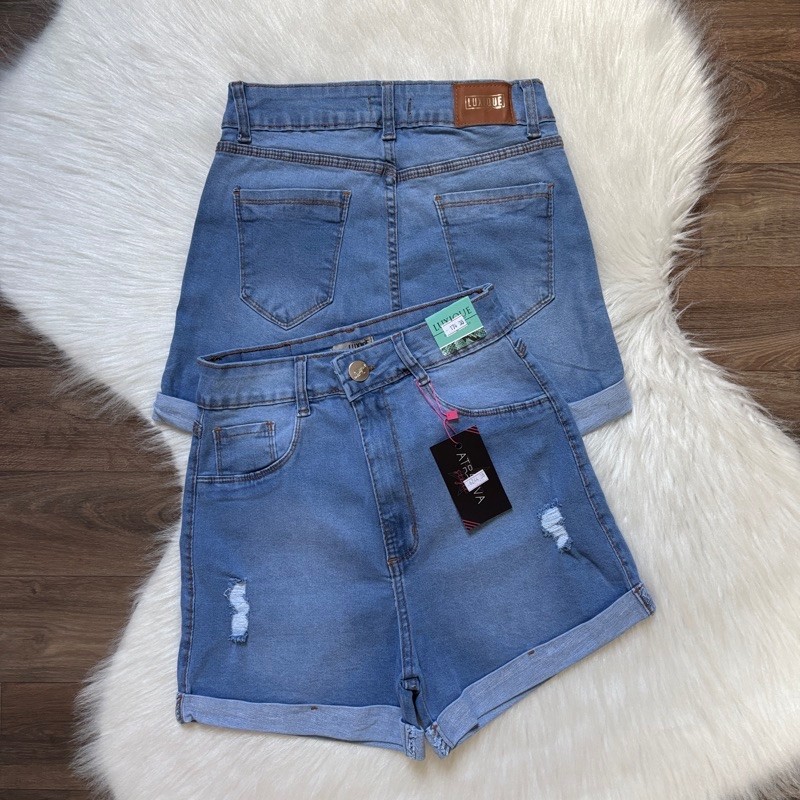 Shorts Jeans Feminino Curto Barrinha Dobrada Lycra Power Cintura Alta Empina Bumbum