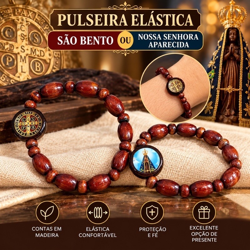 Kit 12 Pulseiras Elásticas Religiosas São Bento ou Nossa Senhora Aparecida Contas Madeira Fé e Proteção