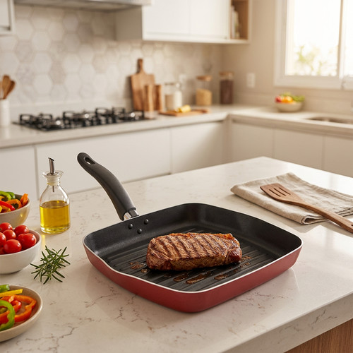 Frigideira Grill Bifeteira Techflon Vermelha para Preparar Carnes, Legumes e Grelhados