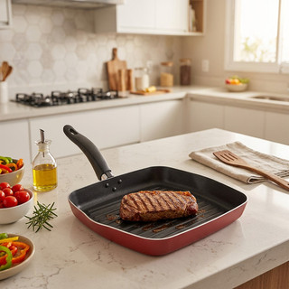 Frigideira Grill Bifeteira Techflon Vermelha para Preparar Carnes, Legumes e Grelhados