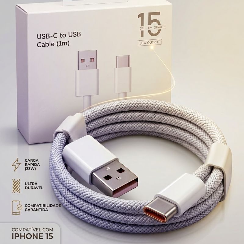 Cabo USB Para Tipo C Trançado Reforçado 1m Compatível Com iPhone 15 Pro Max Carga Rápida Turbo 35W  Resistente