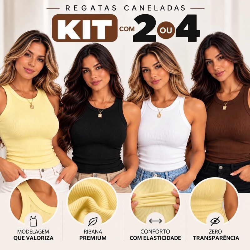 Kit Blusa Regata Ribana Canelada Feminina Algodão Elastano Premium Regatinha Confortável Casual Básica Lisa Dia a Dia
