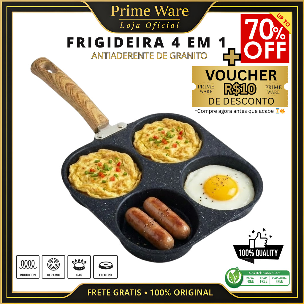 Frigideira Multifuncional Antiaderente 4 Em 1 Para Ovos, Hambúrguer e Omelete com Cabo De Madeira em Oferta na Shopee