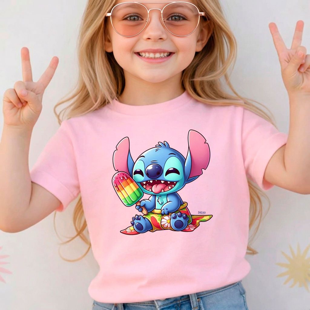 Camiseta Infantil Menina Desenho Stitch Sorvete 100% Algodão Premium Confortável