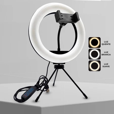 Ring Light LED 8 Polegadas Com Tripé Suporte Celular USB Luz Branca Bicolor