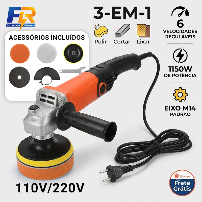 Politriz Esmerilhadeira Lixadeira 3 em 1 Multifuncional 115/125mm Profissional 1150W 6 Velocidades