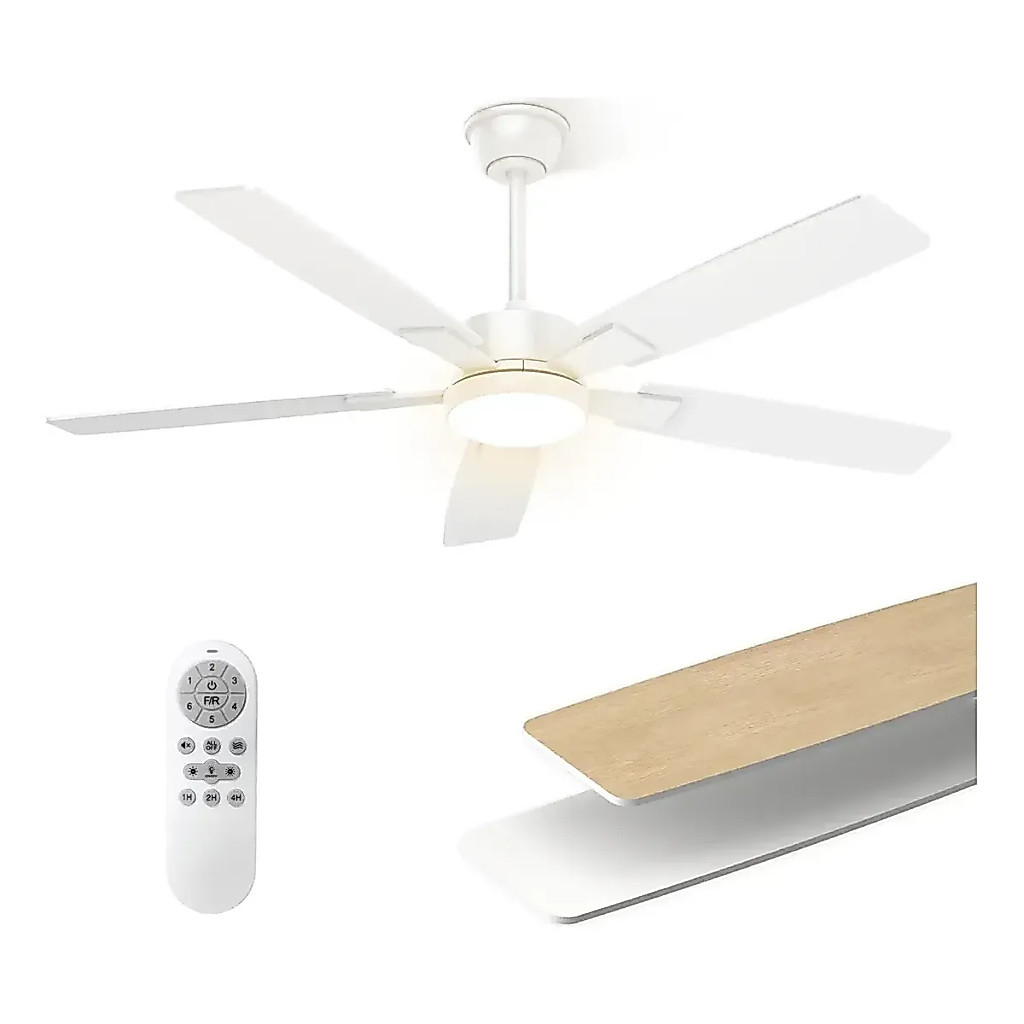 Ventilador de Teto PREMIUM 5 pás 1.32m com Luz LED, Controle Remoto e Motor DC Silencioso - 127/220V - Branco/Amadeira