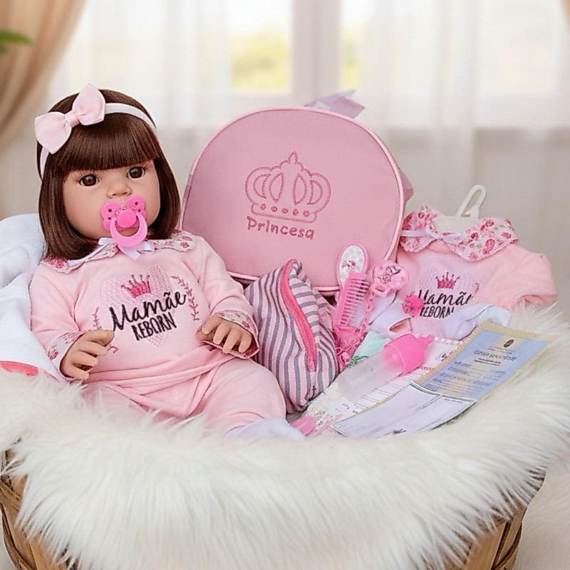 Kit Boneca Bebê Reborn 100% Silicone Mamãe Reborn + Enxoval Completo com Bolsa 3