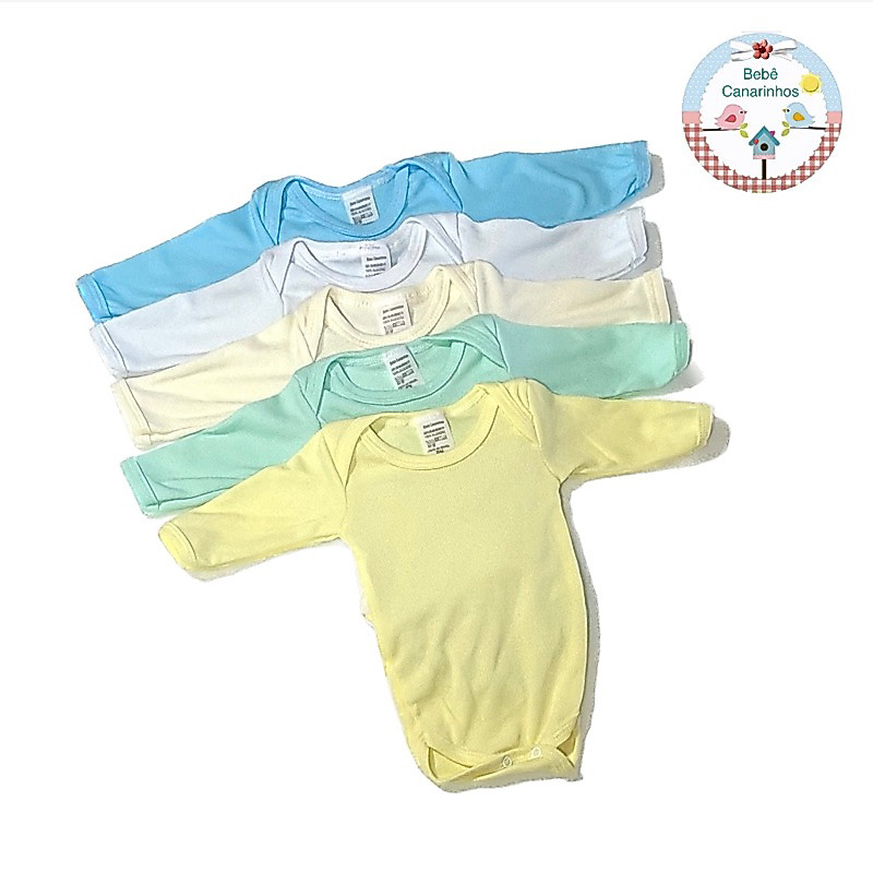 KIT 5 Body Manga Longa CANELADO para Bebês. Cores Variadas RN P M G