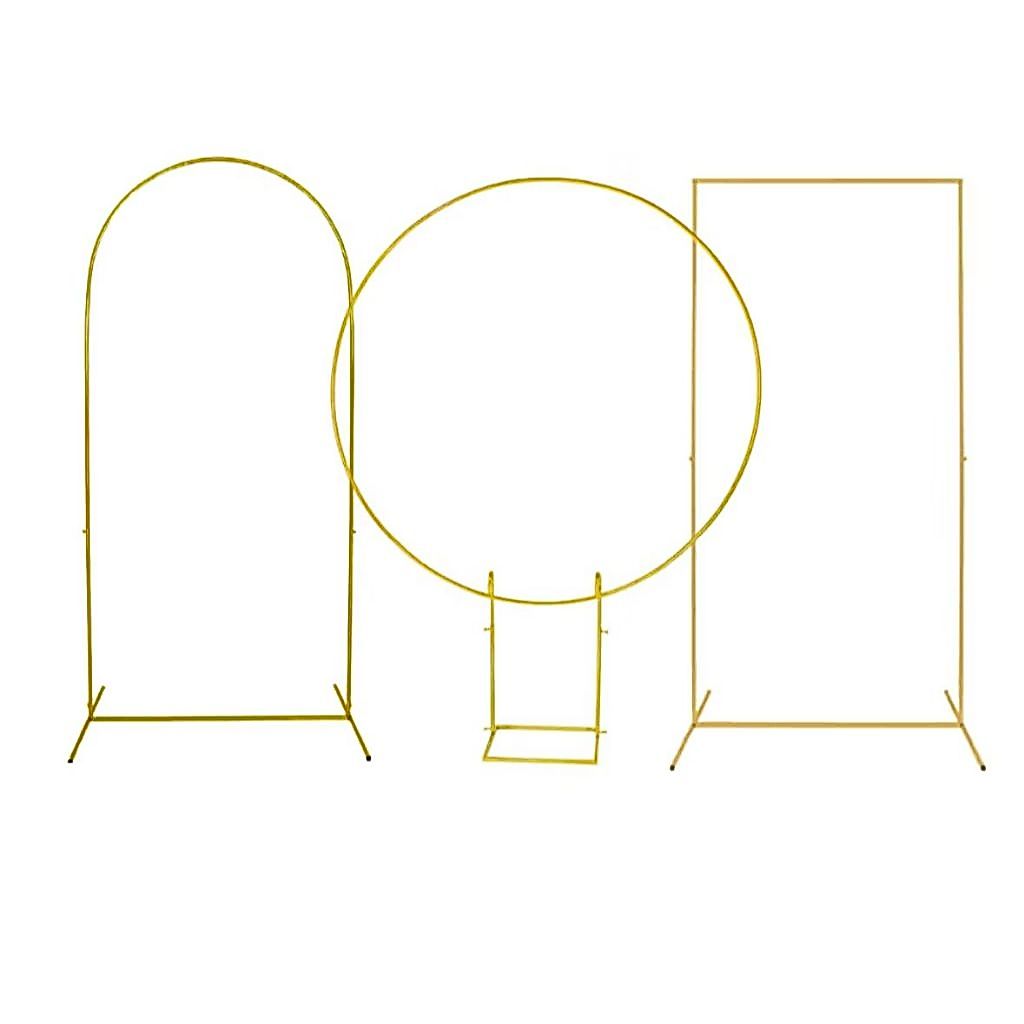 Kit 3 Arcos de Festa Suportes para Decoração Eventos Painel Romano + Redondo + Retangular Desmontavel 2x1 Dourado
