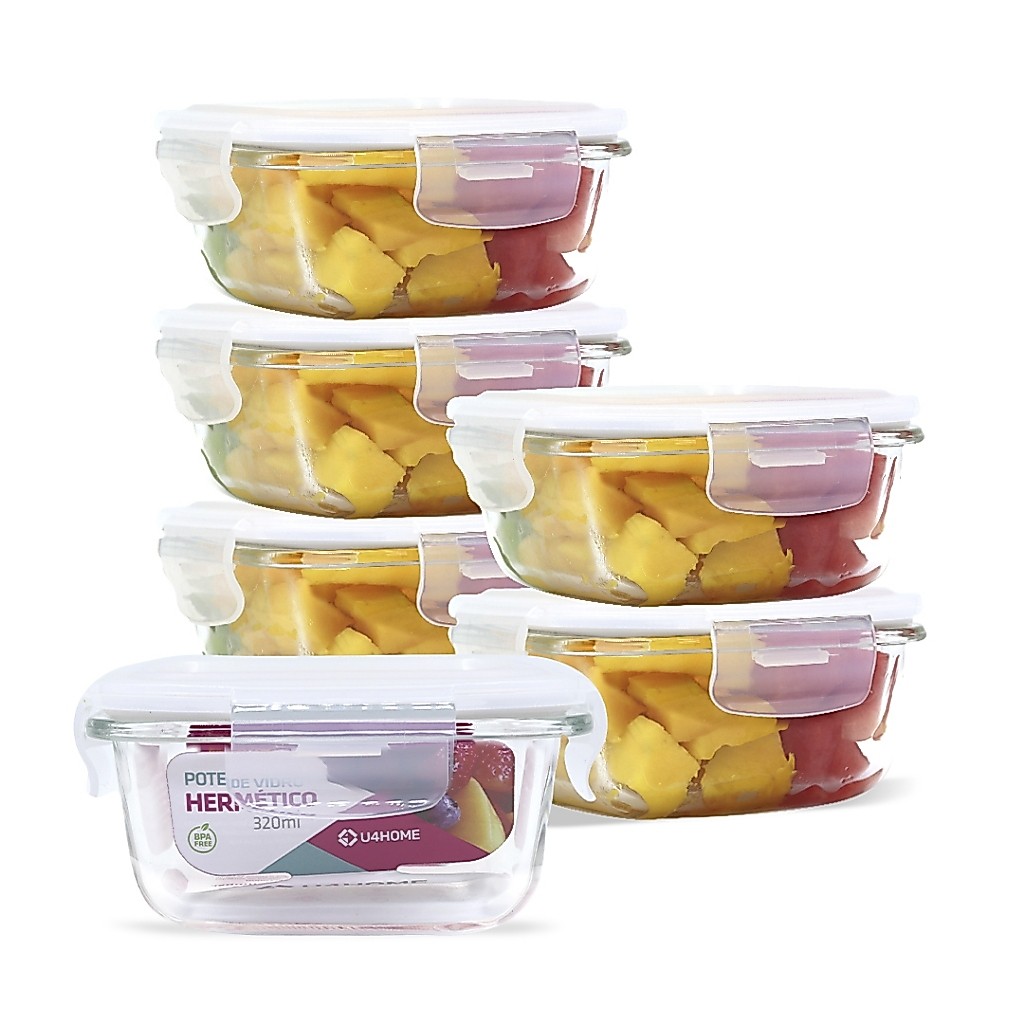 KIT 6 Potes de Vidro 320ml Quadrado com Tampa Hermética