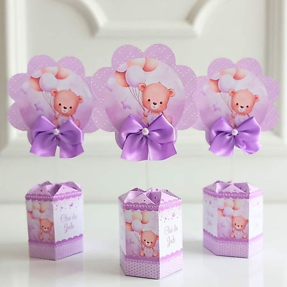 Centro de mesa Ursinha Chá de Bebê Lilás Enfeite de Mesa Personalizados Cachepo PEGUE E MONTE