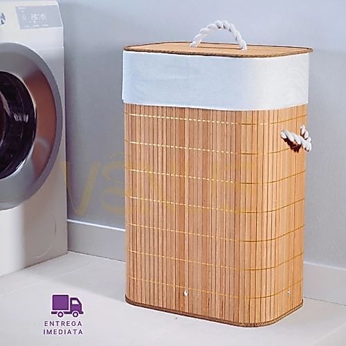 Cesto de Bambu com Tampa e Forro Dobrável e Resistente