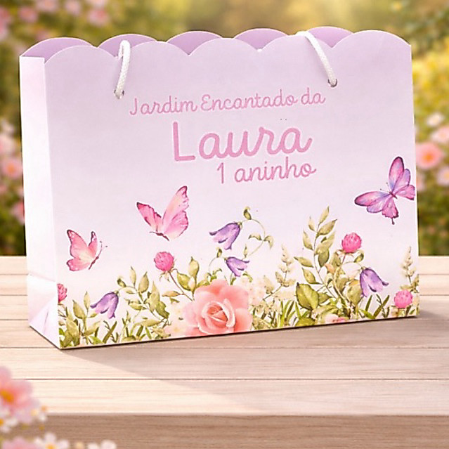 Sacolinha Personalizada Tema Jardim Encantado Lembrancinha Aniversario Borboletas rosa e lilas PEGUE E MONTE