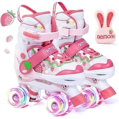 Patins Moranguinho Orelha De Coelho Quad Com Ajuste De Tamanho Rodas Com Led Mais Kit Proteção
