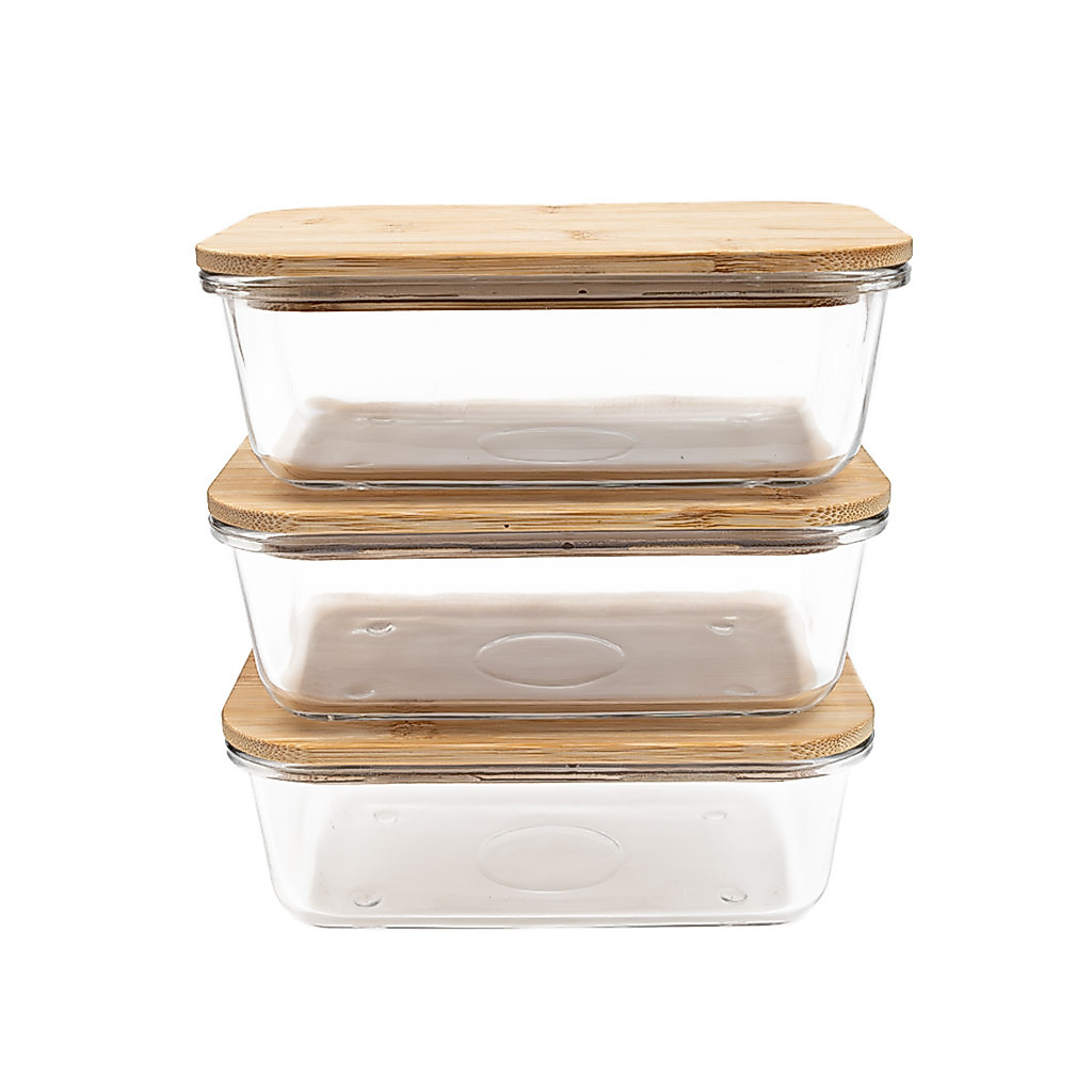 kit 3 potes de vidro 800ml tampa de bambu hermético marmita retangulares - Tud · foto 2