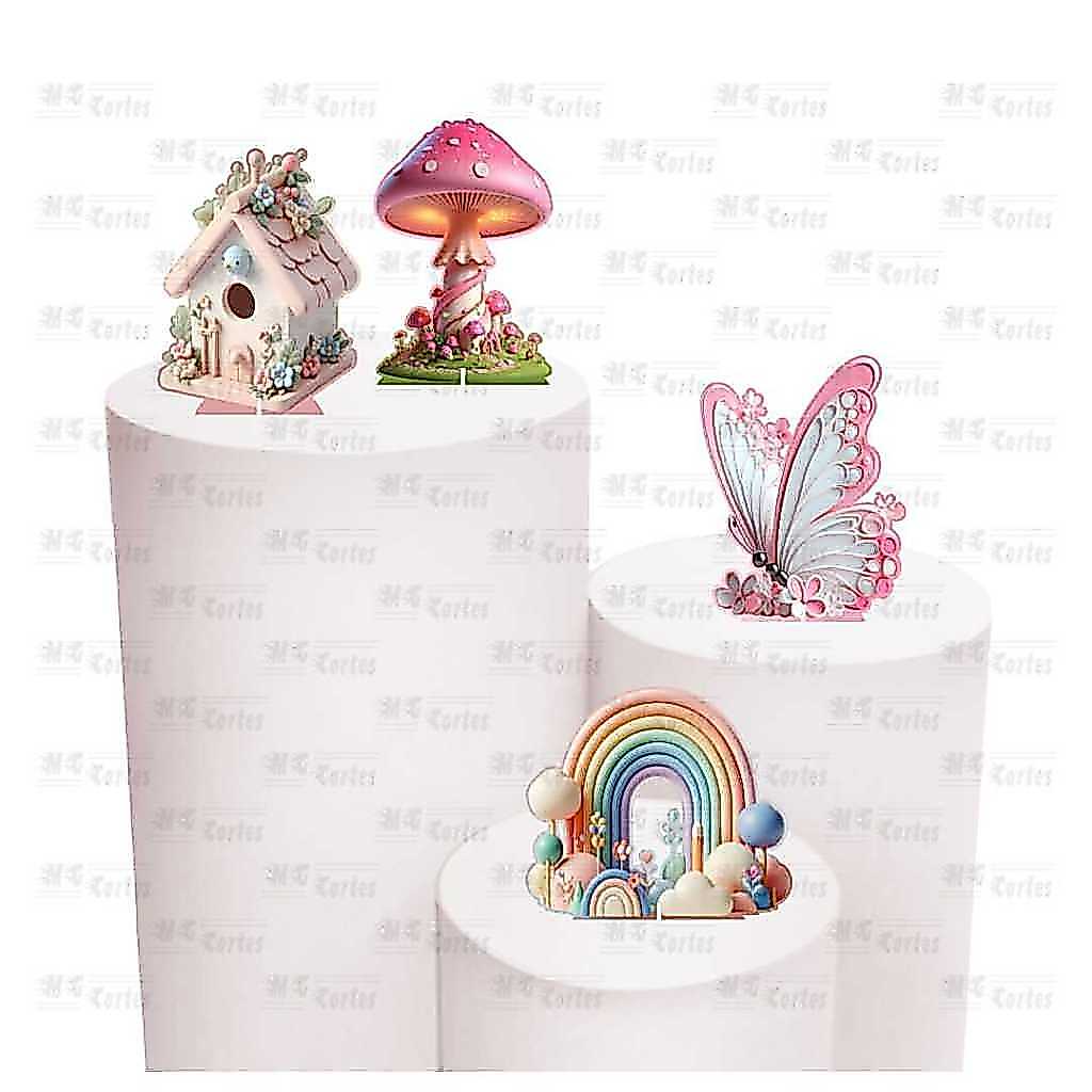Kit de Display 4 de 20cm Totens Decoração de Festa Jardim Encanto 3D AQUARELADO MDF Cortado a Laser