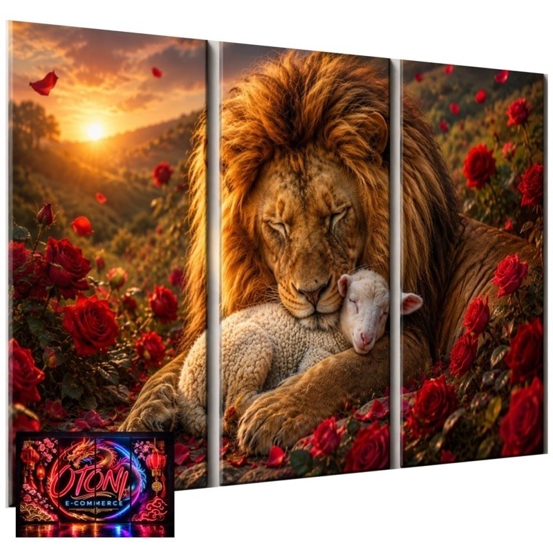 Quadros Decorativos Leão De Judá e Cordeiro Religioso Rosas Vermelhas Kit 3 Peças Decoração Sala Quarto Escritório