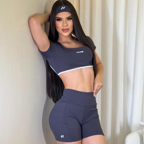 Conjunto Fitness Feminino Academia Cropped com Bojo Removível, Short Cintura Alta Poliamida Zero Transparência com Bolso